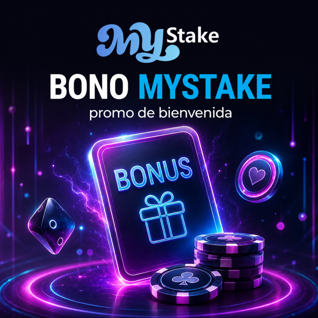 Imagen cuadrada del bono de bienvenida de MyStake con fichas de casino