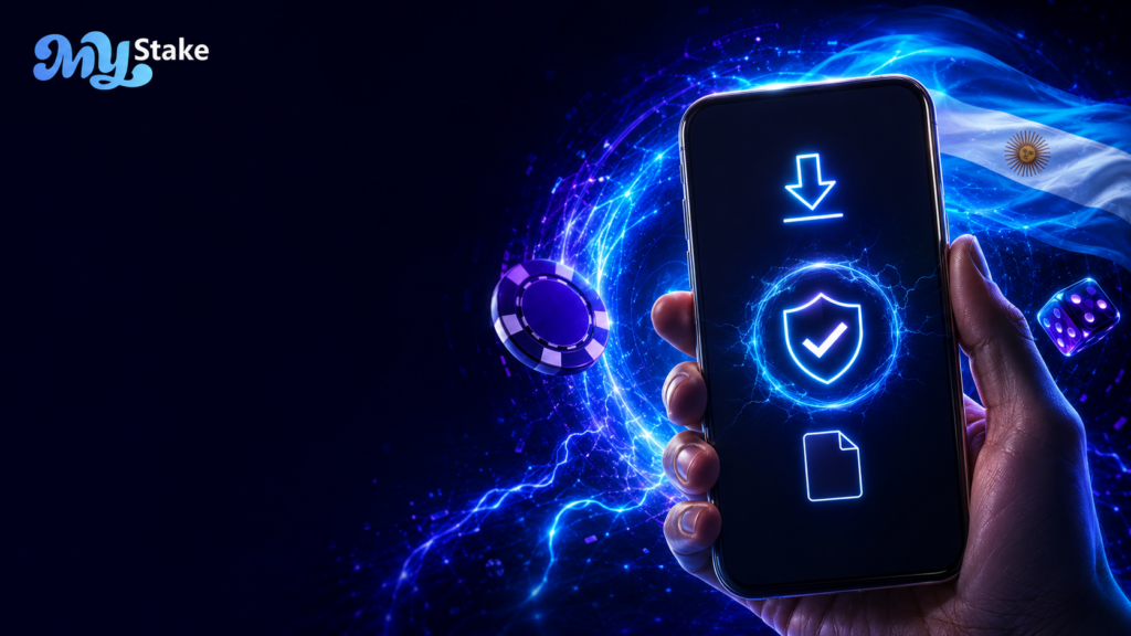 Teléfono con icono de descarga y verificación de seguridad para instalar la APK de MyStake en Android