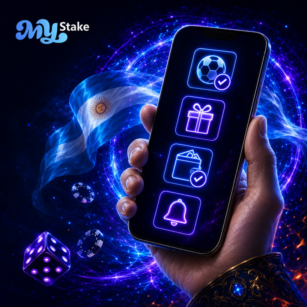 Celular con iconos de apuestas deportivas, bono, billetera y notificaciones de MyStake