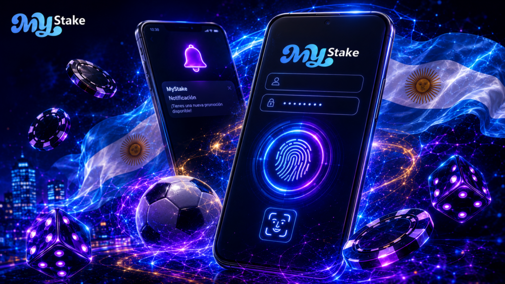 Dos teléfonos con acceso a MyStake, biometría, notificación y elementos de casino sobre fondo con bandera argentina
