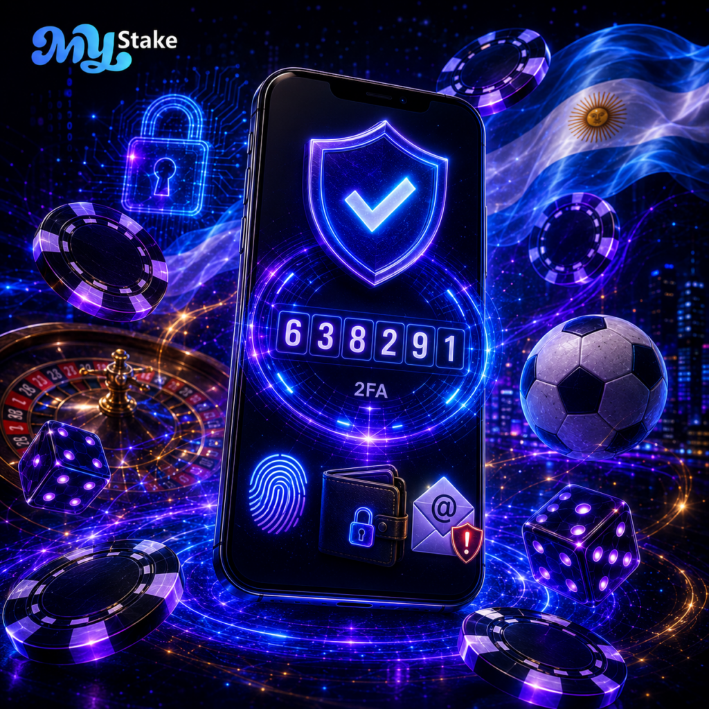 Teléfono con escudo de seguridad, código 2FA, huella digital y alertas de protección para una cuenta MyStake