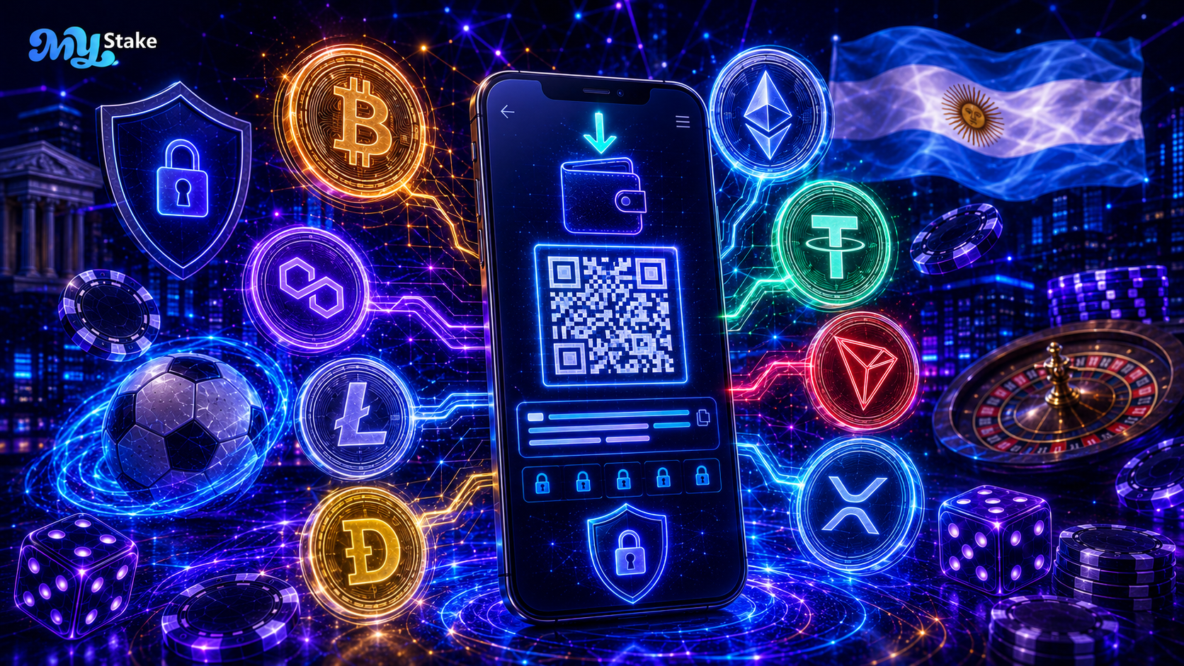 Teléfono con código QR para depósito de criptomonedas y monedas de Bitcoin, Ethereum, USDT, TRON y XRP