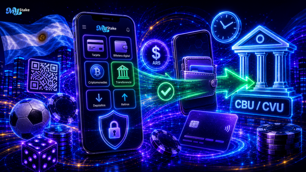 Teléfono de MyStake enviando fondos a una billetera digital y cuenta bancaria argentina CBU/CVU