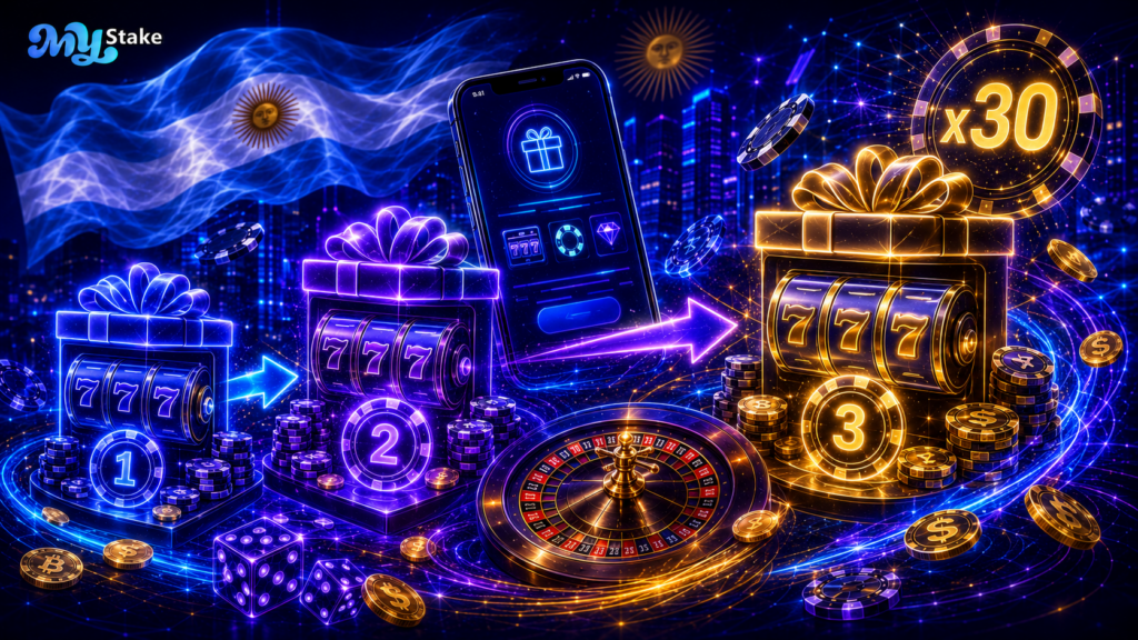 Tres etapas de bono de casino con regalos, tragamonedas, ruleta y progresión de depósitos