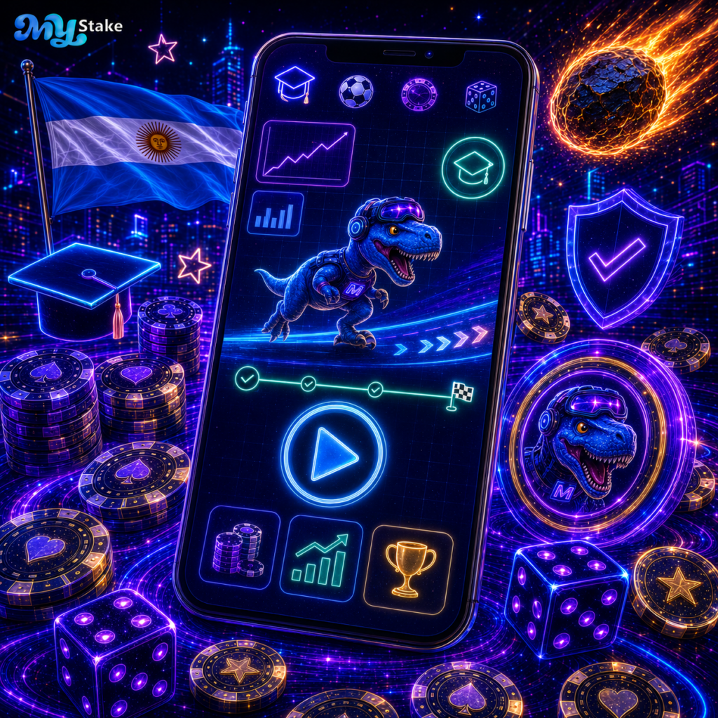 Mano usando MyStake Dino en un teléfono junto a dinosaurio, meteorito y bandera argentina
