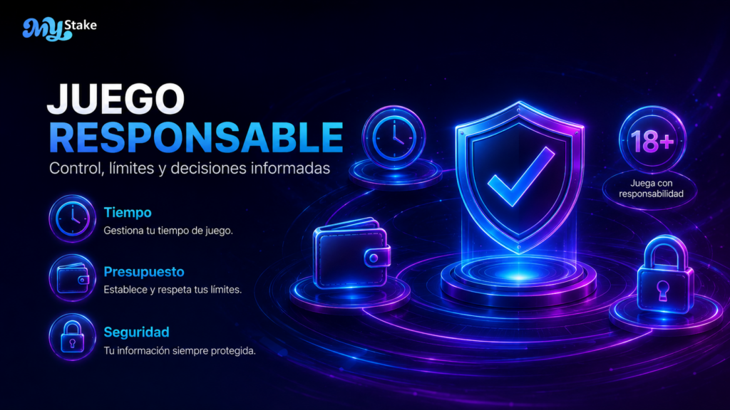 Ilustración de MyStake sobre juego responsable con control del tiempo, presupuesto, seguridad y símbolo 18+
