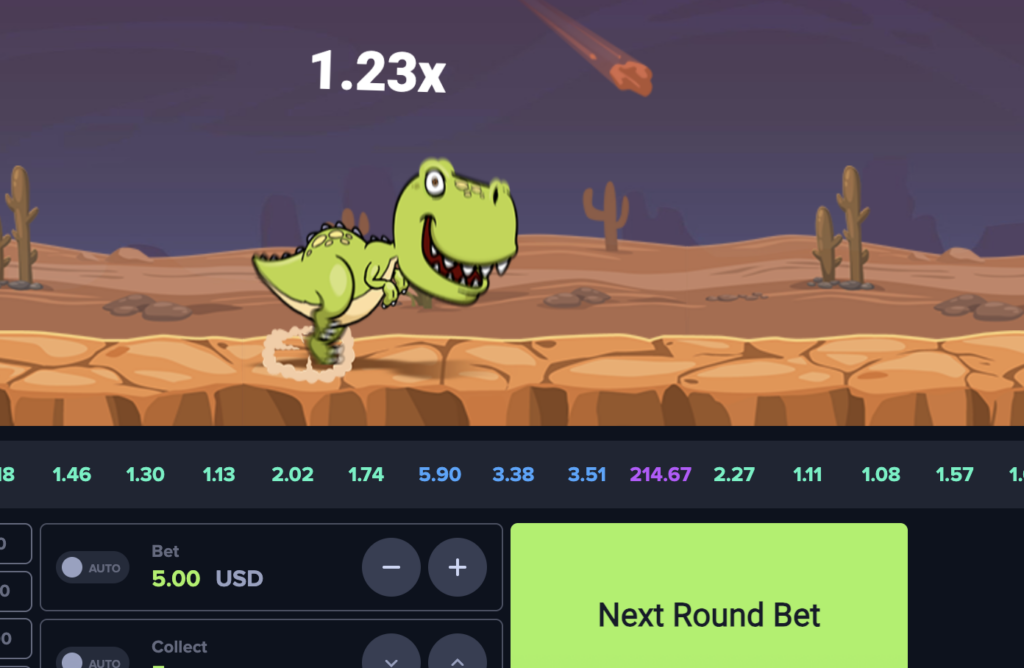 Pantalla principal del juego MyStake Dino con multiplicador, apuesta y botón de retiro