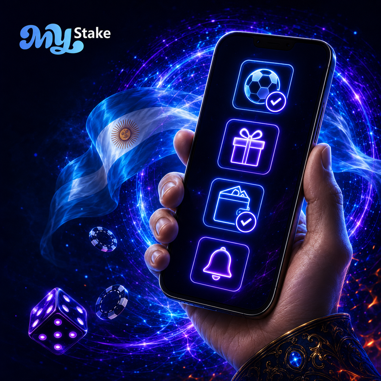 Celular con iconos de apuestas deportivas, bono, billetera y notificaciones de MyStake