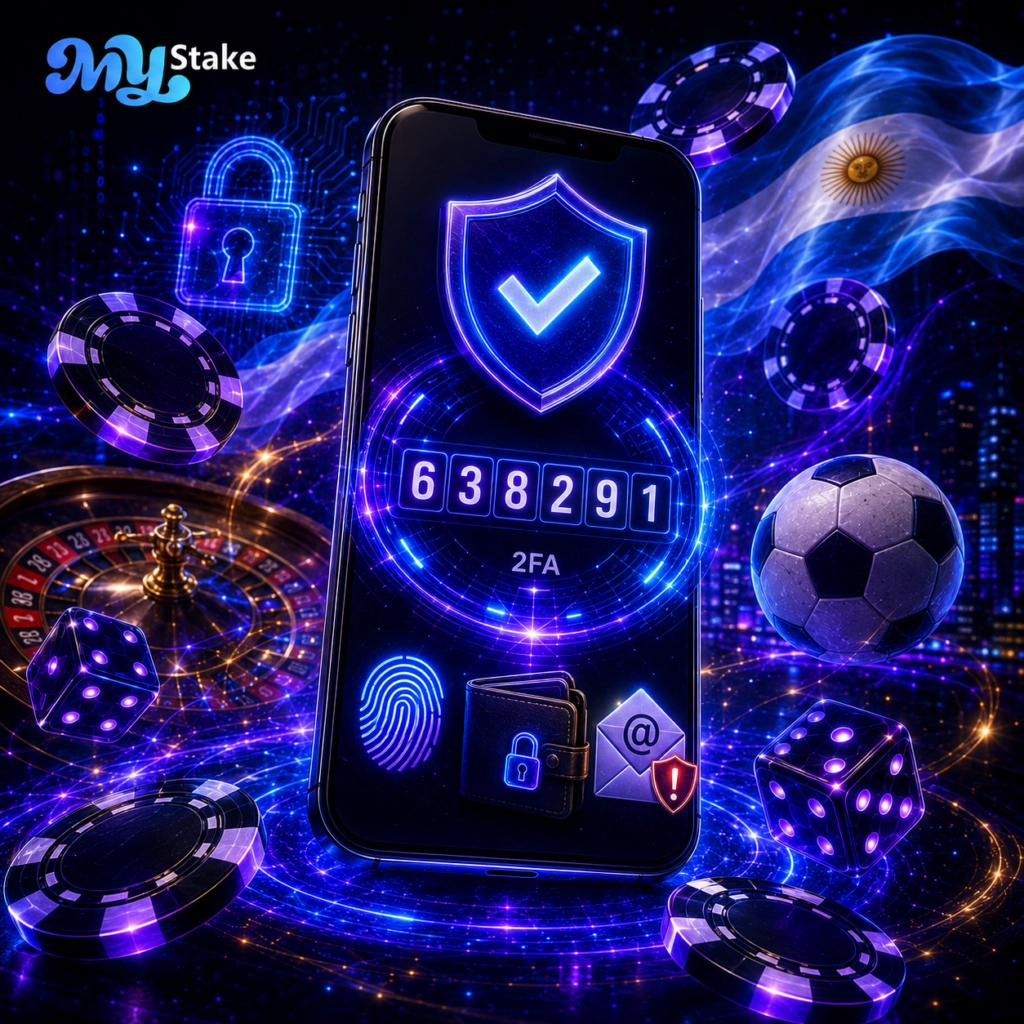 Teléfono con escudo de seguridad, código 2FA, huella digital y alertas de protección para una cuenta MyStake