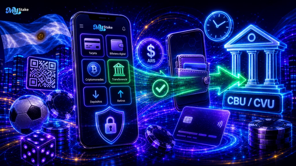 Teléfono de MyStake enviando fondos a una billetera digital y cuenta bancaria argentina CBU/CVU