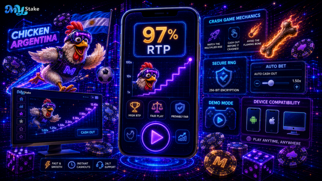 Panel técnico de Chicken con RTP 97%, modo demo, auto-bet y compatibilidad con móvil y desktop