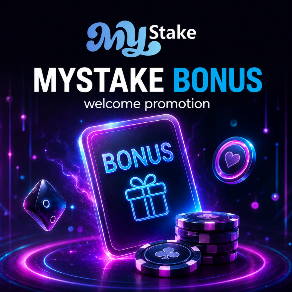 MyStake welcome promotion banner with a glowing bonus card, gift icon and casino chips.