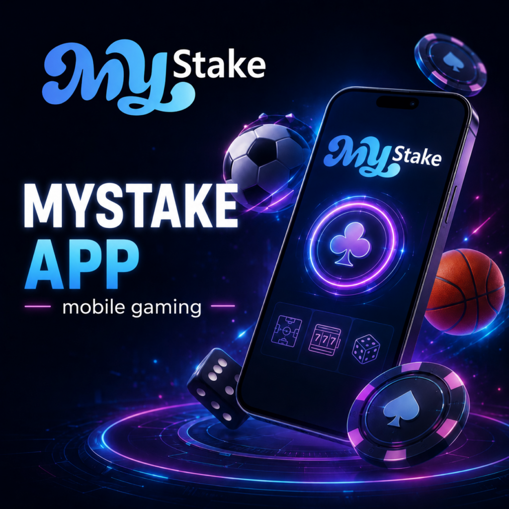 MyStake mobile app displayed on a smartphone with football, basketball, dice and neon casino chips.