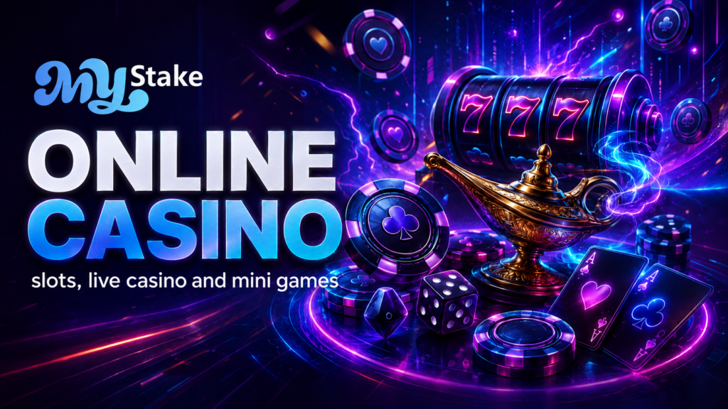 MyStake online casino banner with slots, a magic lamp, playing cards, dice and neon casino chips.