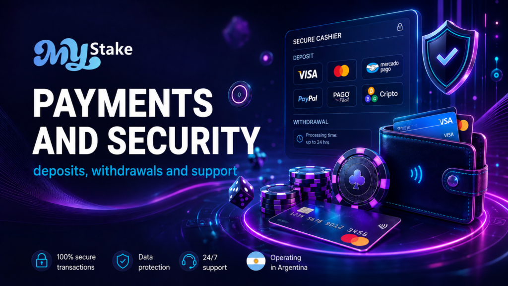 MyStake payments and security banner with a digital wallet, payment cards, casino chips and a secure cashier interface.