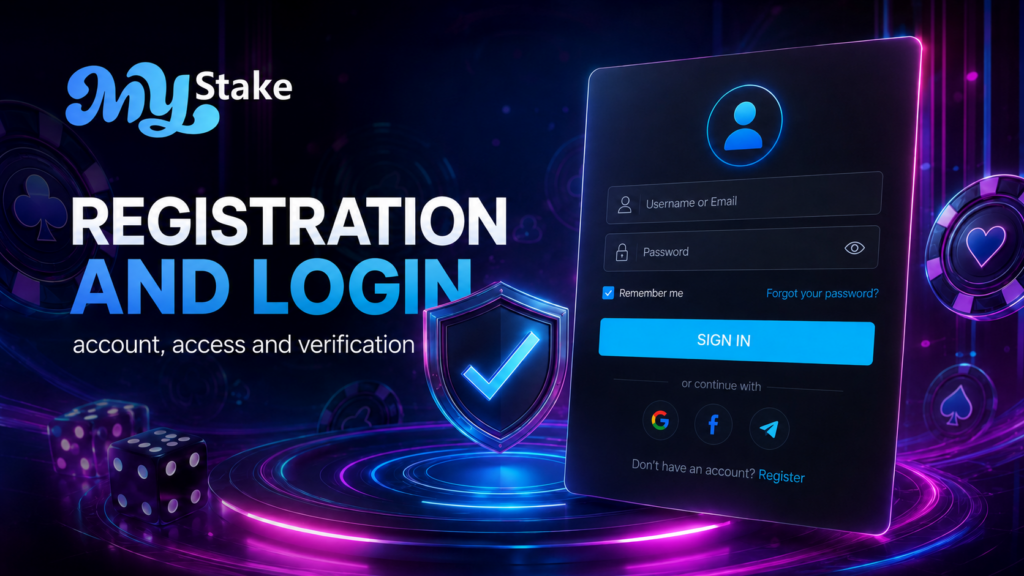 MyStake registration and login banner with a sign-in form, verification shield and neon casino elements.