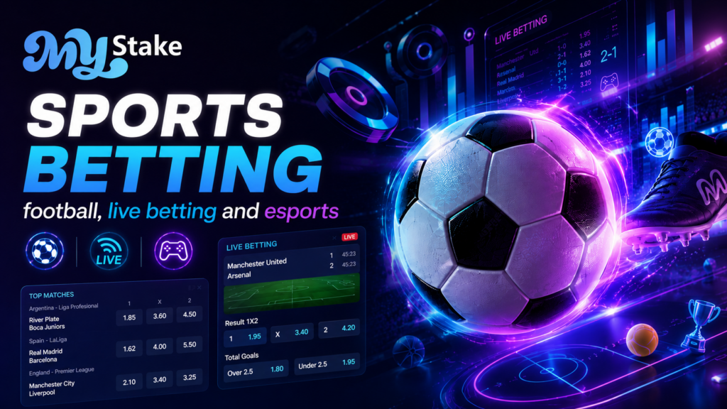 MyStake sports betting banner with a football, live betting panels, odds and esports graphics.